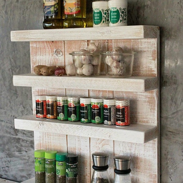 Wooden spice rack - for wall or standing - vintage white - 4 shelves - 57 x 50 x 12 cm - solid wood