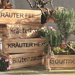Blumenkasten " Das Original von Dekorie " aus Holz mit Schriftzug und Holz Griffen 50 - 90 cm breit / 19,5 cm tief / in geflammt