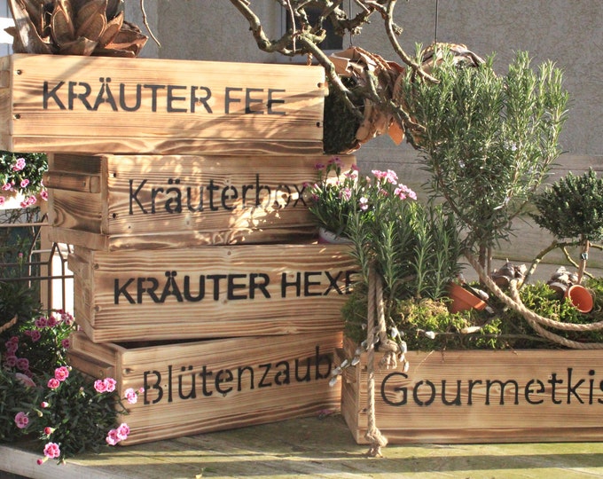 Flower box " The original by Dekorie " made of wood with lettering and wooden handles 50 - 90 cm wide / 19.5 cm deep / in flamed