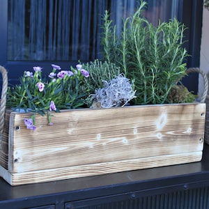 Blumenkasten " Das Original von Dekorie " aus Holz mit Leinen Griffen 30 - 90 cm breit / 19,5 cm tief / in geflammt