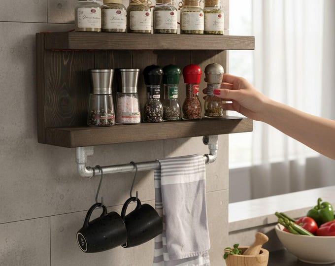 Wooden spice rack for the wall - brown - 2 shelves