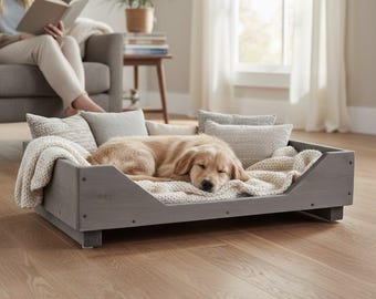 Hundebett - aus Holz für kleine und mittelgroße Hunde und Katzen in Schwarz / vintage - Hundekorb / Hundesofa / Katzenbett aus Massivholz