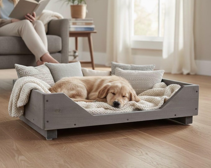 Dog bed - made of wood for small and medium-sized dogs and cats in black - dog basket / dog sofa / cat bed made of solid wood