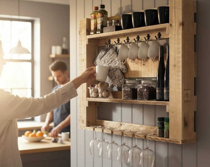 Kitchen shelf made of solid wood -  Natural - Dimensions (HxWxD): 12 cm x 95 cm x 80 cm - Vintage wall shelf for spices, glasses and cups