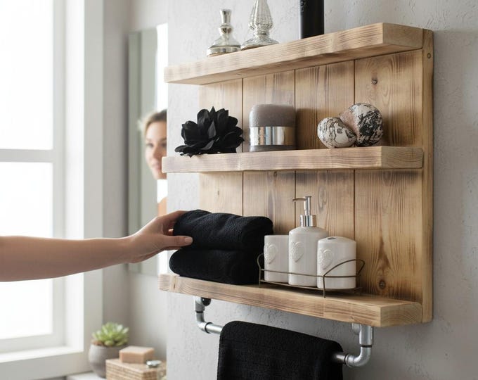 Wooden bathroom shelf - Colour: Flamed - Vintage bathroom shelf for the wall including hanging for towels