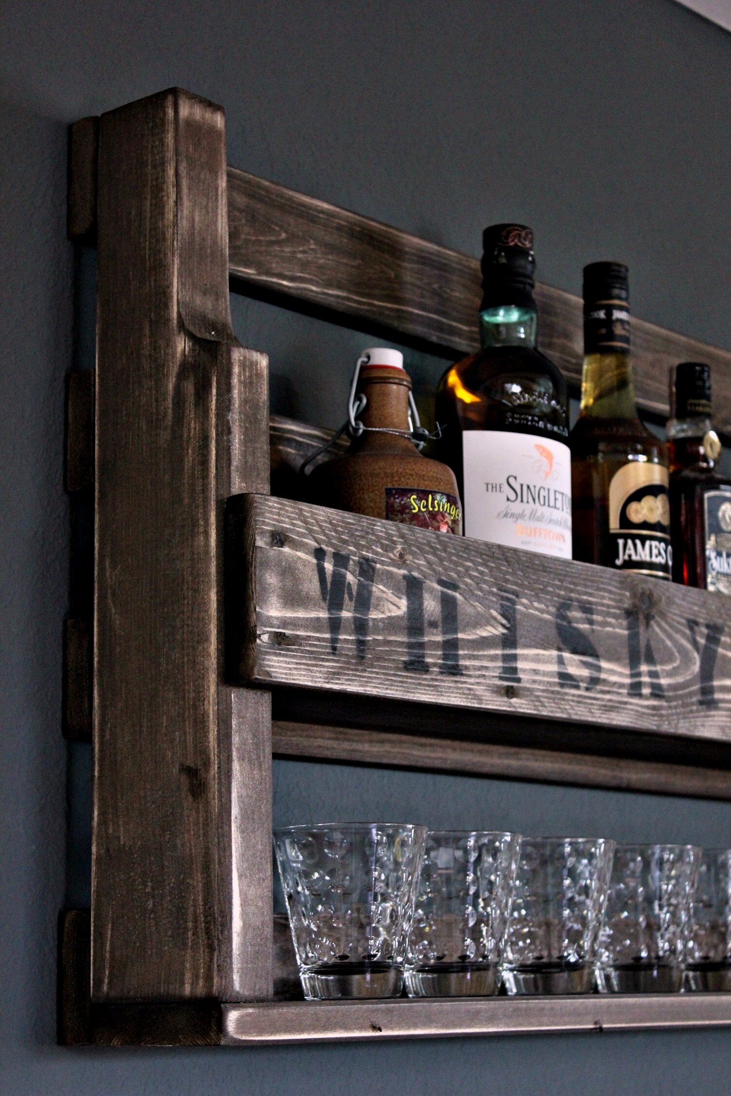 Whiskey Shelf Wood With Whiskey Glass Holder And Lettering Ready Mounted Brown Industrial Styl