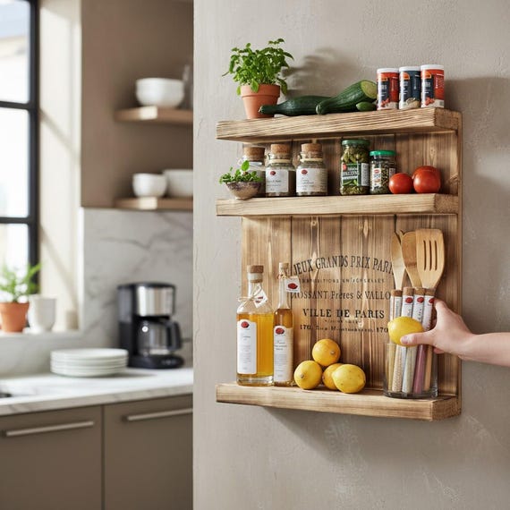 thumbnail image 2 of 3-Tier Natural Wood Wall Mounted Spice Rack – Herb Jar Holder For Kitchen (24.5cm Wide, 42.5cm High) 2 of 3