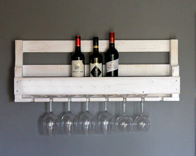 Wooden wine rack for the wall - with glass holder - white shabby - fully assembled - shelf for wine bottles and wine glasses