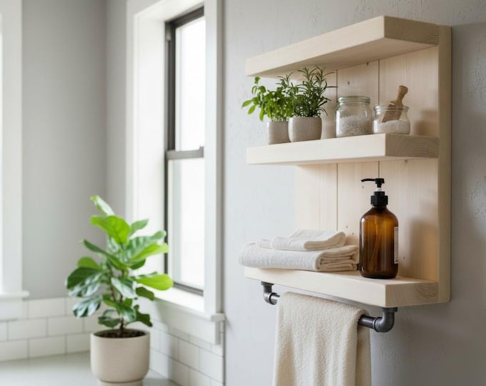 Badregal aus Massivholz mit Industrial Handtuchhalter – Wandregal Kiefer natur – Badezimmer Regal Handarbeit – Küchenregal