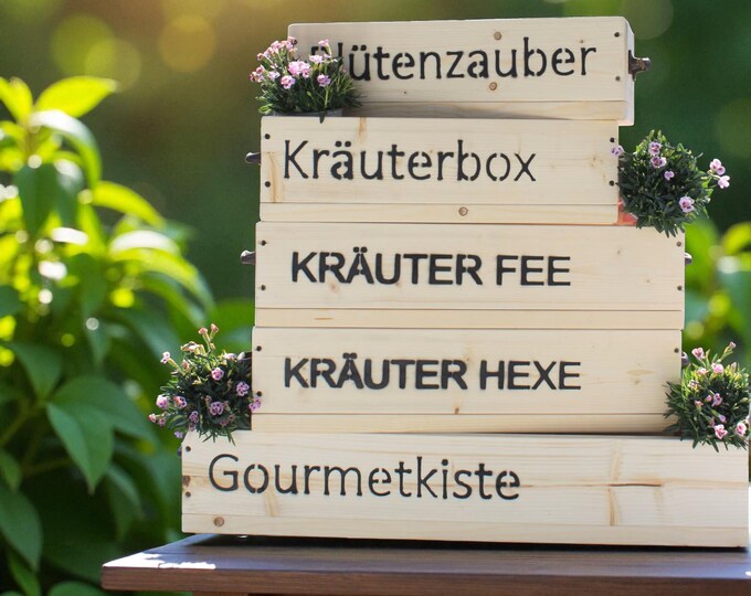 Flower box "The Original by Dekorie" made of wood with lettering and iron handles, 50-90 cm wide / 19.5 cm deep / in natural finish