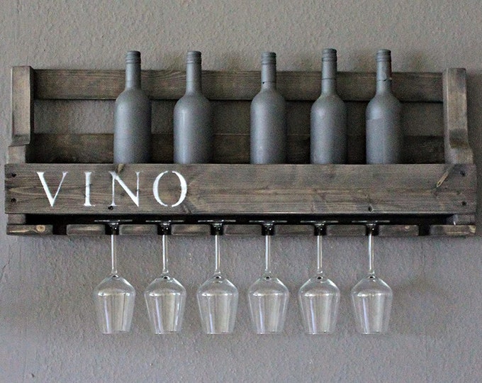 Wooden wine rack for the wall - with glass holder and VINO lettering - black - ready assembled - rack for wine bottles and wine glasses