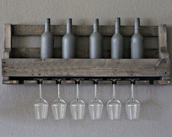 Wooden wine rack for the wall - with glass holder - shabby black - ready assembled - shelf for wine bottles and wine glasses