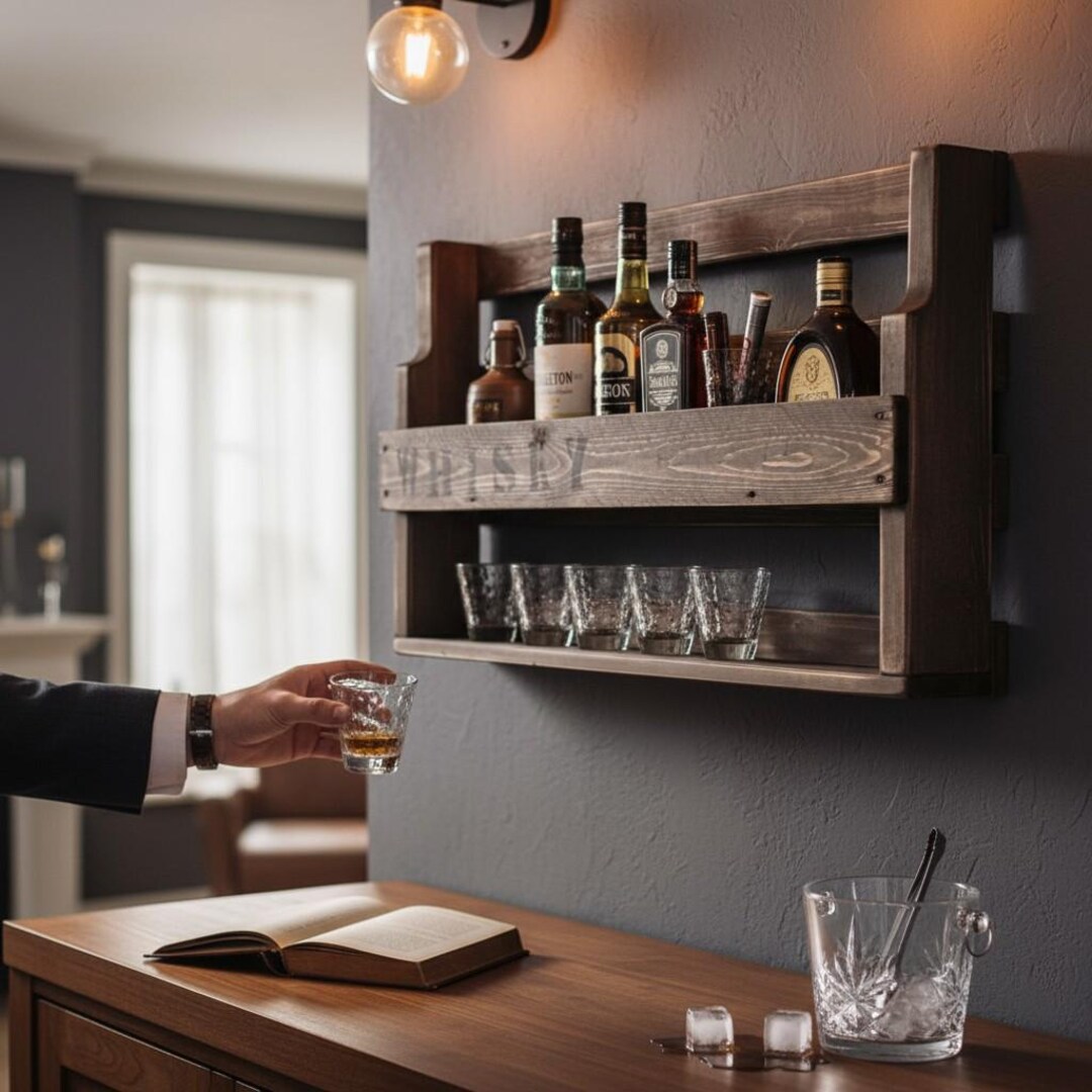 Wooden Whisky Rack - With Glass Holder and WHISKY Lettering - Brown ...