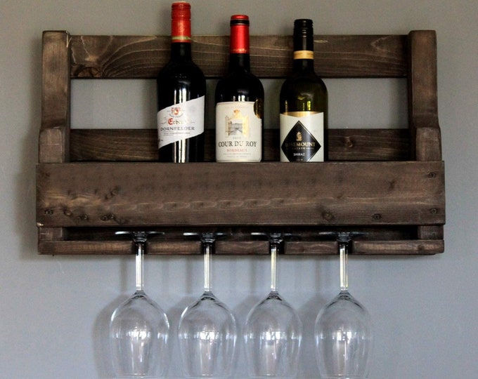 High quality wooden wine rack for the wall - with glass holder - brown - ready assembled - shelf for wine bottles and wine glasses