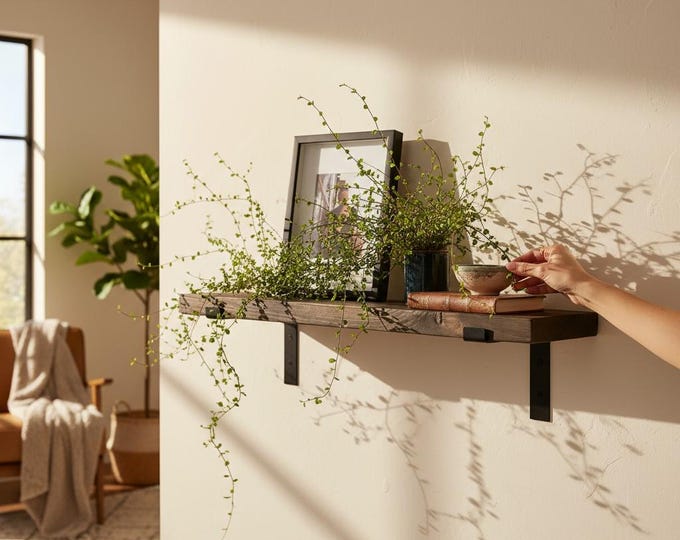 Rustic solid wood wall shelf | 4 cm thick plank | Floating shelf in shabby chic | Handmade in white | 50-100 cm brown