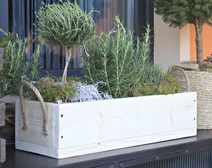 Flower box " The original by Dekorie " made of wood with linen handles 30 - 90 cm wide / 19.5 cm deep / in nature