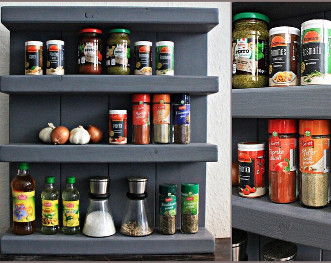 Spice rack made of wood - for the wall or standing - grey - 4 shelves