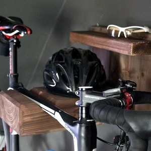Bicycle wall mount made of wood for racing bike or mountain bike - bicycle mount for the wall - also for wide handlebars and frames white brown