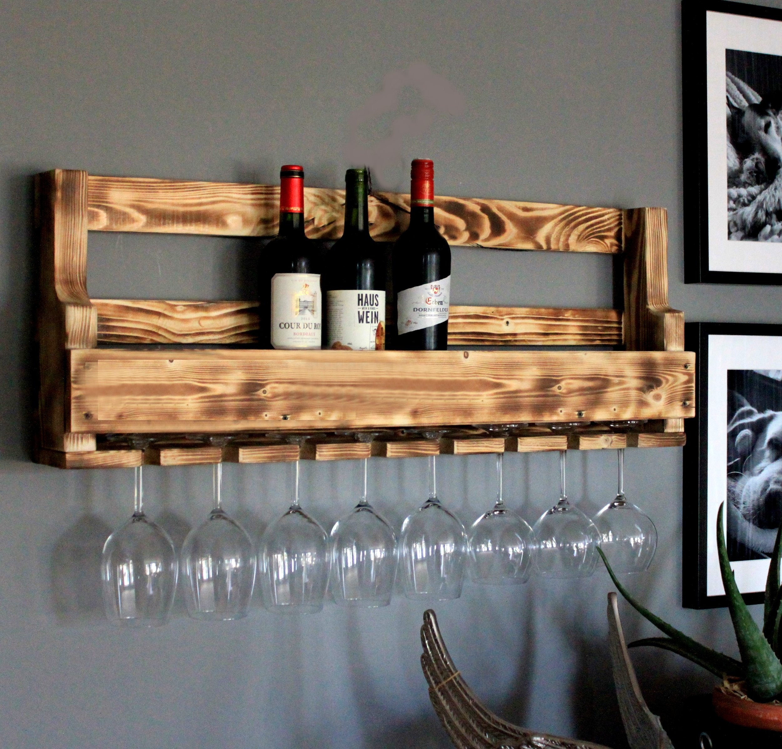 Wooden wine rack for the wall with glass holder Flamed ready