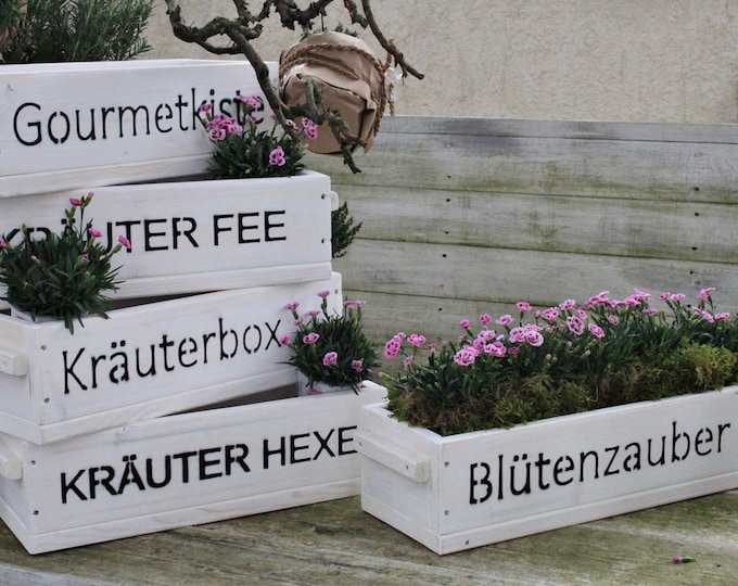 Flower box "The Original by Dekorie" made of wood with lettering and wooden handles 50 - 90 cm wide / 19.5 cm deep / in white