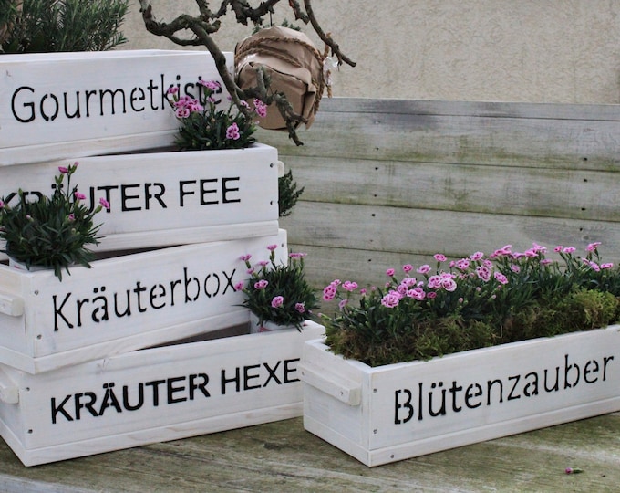 Flower box " The original by Dekorie " made of wood with lettering and wooden handles 50 - 90 cm wide / 19.5 cm deep / in white