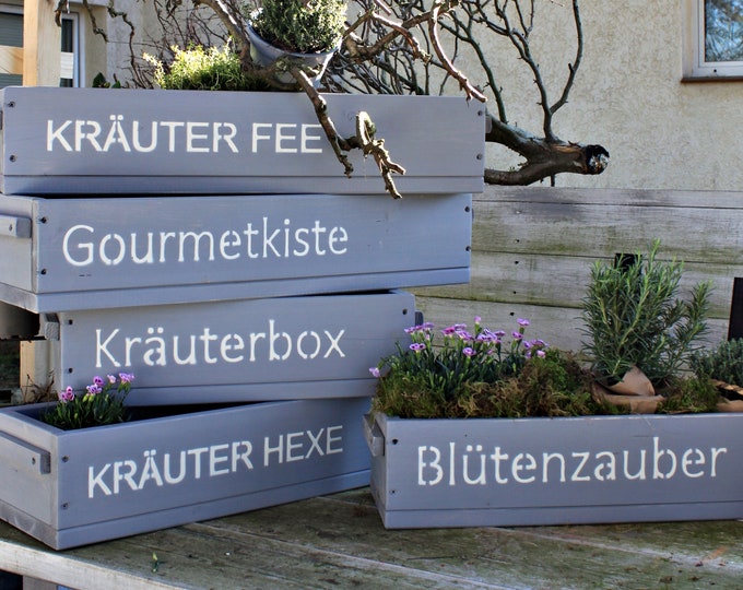 Flower box " The original by Dekorie " made of wood with lettering and wooden handles 50 - 90 cm wide / 19.5 cm deep / in gray