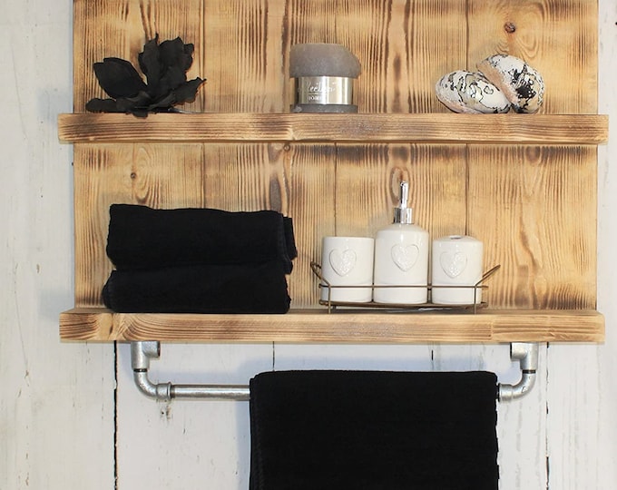 Wooden bathroom shelf - Colour: Flamed - Vintage bathroom shelf for the wall including hanging for towels