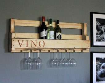 Botellero de madera para pared - con soporte para copas - aspecto óxido - con impresión - ya montado - estante para botellas de vino y copas de vino