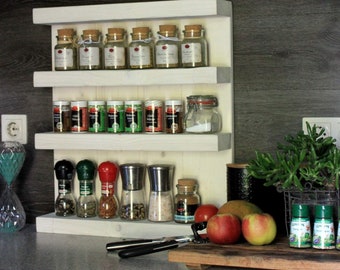 Wooden spice rack - for the wall or standing - white (stained) - 4 shelves - 57 x 50 x 12 cm - solid wood