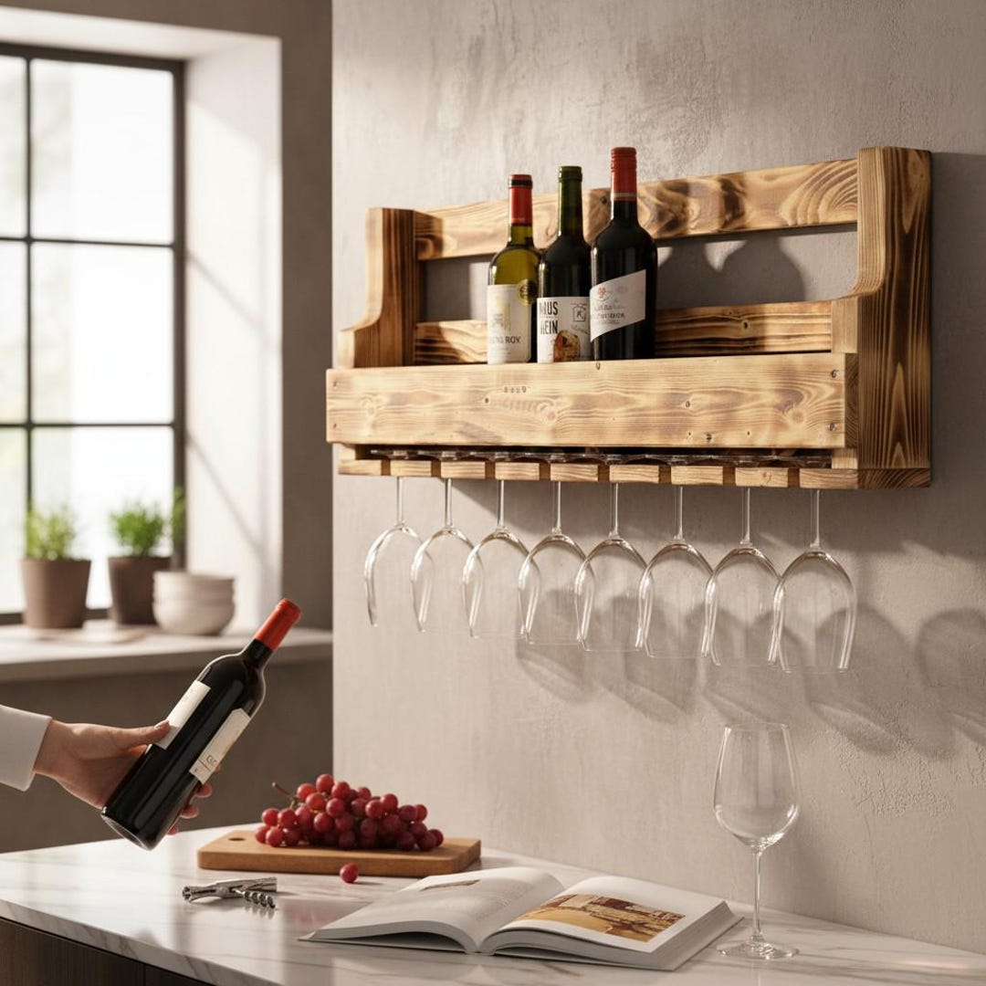 Wooden Wine Rack for the Wall With Glass Holder Flamed Ready