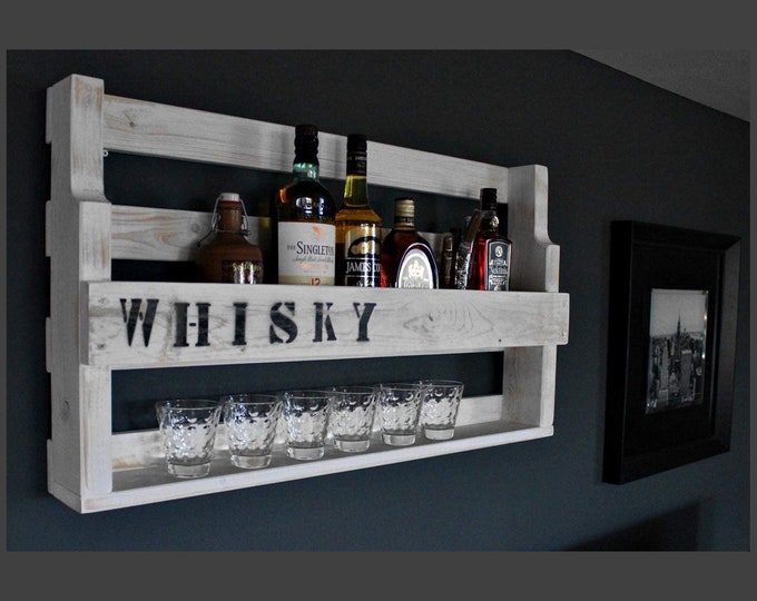 Whiskey Shelf Wood with Whiskey Glass Holder and Lettering Ready Mounted White Industrial STYL