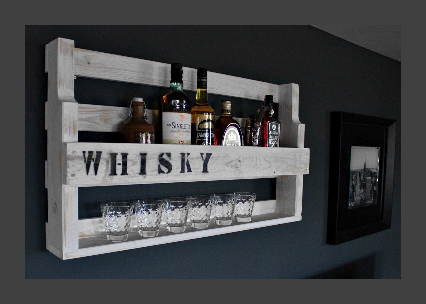 Whiskey Shelf Wood With Whiskey Glass Holder And Lettering Ready Mounted White Industrial Styl