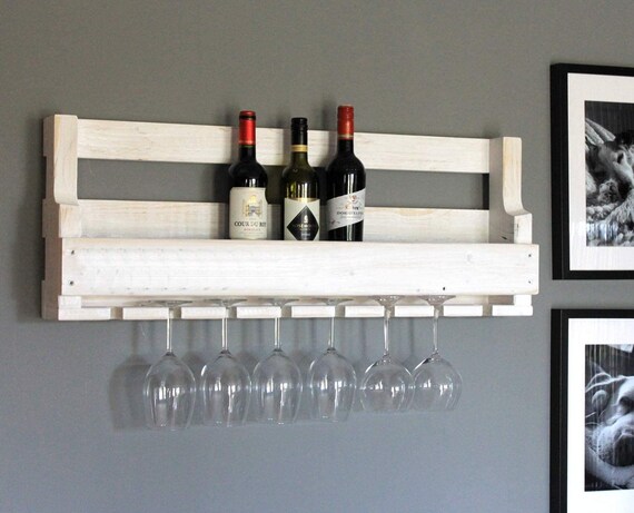 Wooden Wine Rack for the Wall With Glass Holder White Ready Assembled Shelf for Wine Bottles and Wine Glasses Etsy