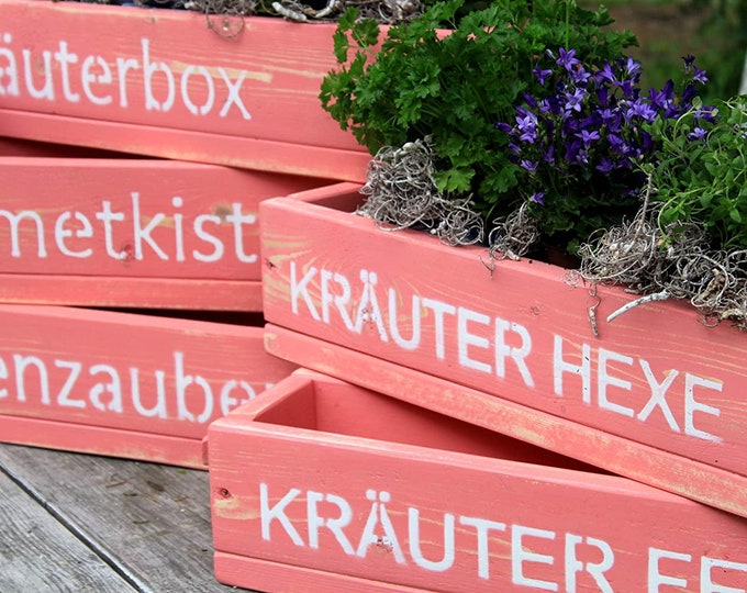 Flower box made of solid wood and wooden handles in pink / width 50 - 90 cm / depth 15 cm / with print