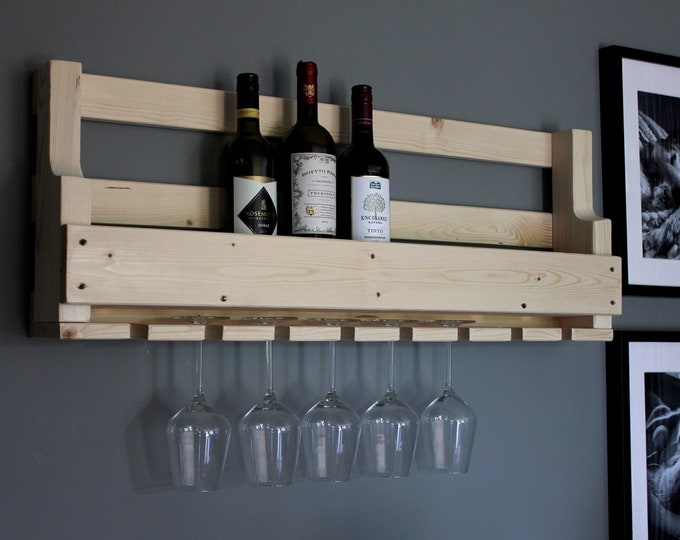 Wooden wine rack for the wall - with glass holder - nature - ready assembled - shelf for wine bottles and wine glasses