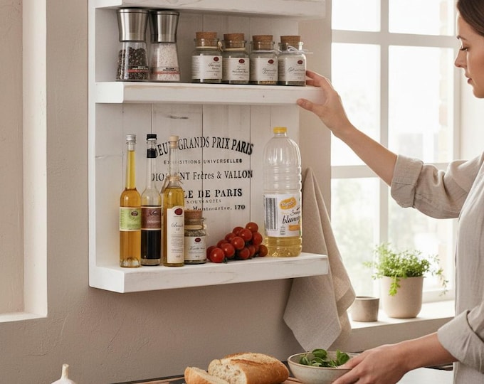 Wooden spice rack - for wall or standing - vintage white - 3 shelves - 57 x 50 x 12 cm - solid wood