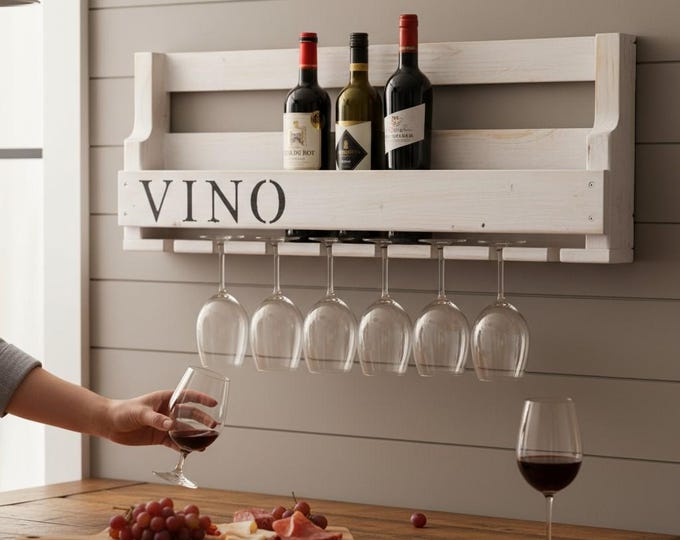 Wooden wine rack for the wall - with glass holder with VINO logo - white - ready assembled - rack for wine bottles and wine glasses