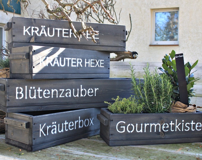 Flower box " The original by Dekorie " made of wood with lettering and wooden handles 50 - 90 cm wide / 19.5 cm deep / in black