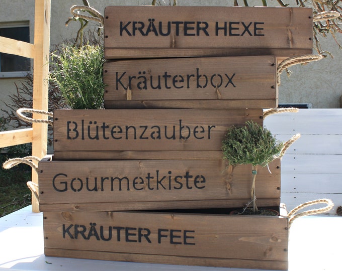 Flower box " The original by Dekorie " made of wood with lettering and jute handles 50 - 90 cm wide / 19.5 cm deep / in brown