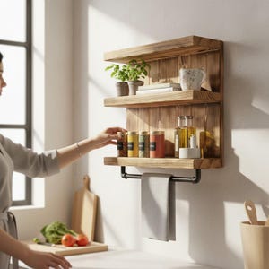 Puede incluir: Un especiero rústico de madera con tres estantes y una barra para toallas. Los estantes contienen botes de especias, una pequeña planta en maceta, una taza y una botella de aceite. El estante está montado en una pared blanca en una cocina.