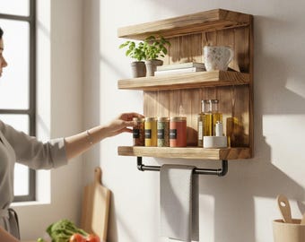 Küchenregal aus Massivholz mit Industrial Handtuchhalter – Wandregal Kiefer geflammt – Handarbeit