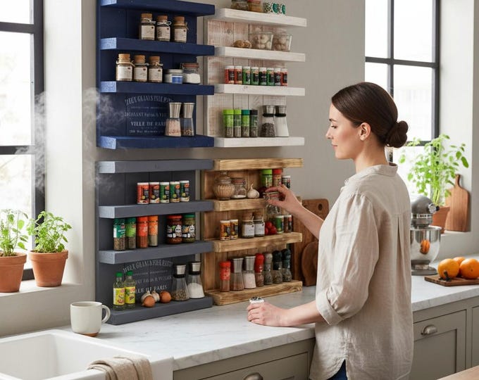 SCADY spice rack spice kitchen self made of wood, spices sorted and arranged brown shabby look in vintage country style ready assembled