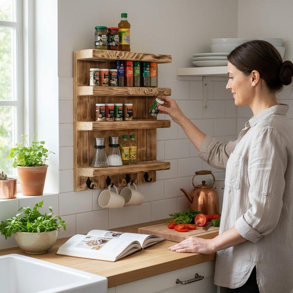 Wooden Spice Rack for the Wall - Flamed - 4 Shelves - 65 X 50 X 12