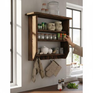 Mensola da cucina in legno per spezie, marrone, shabby vintage, completamente assemblata