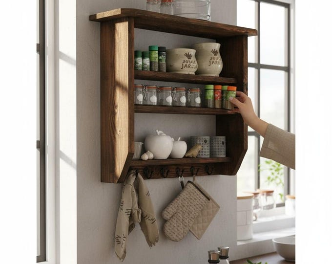Wall shelf spice rack kitchen shelf wood brown shabby vintage country house farmhouse ready assembled