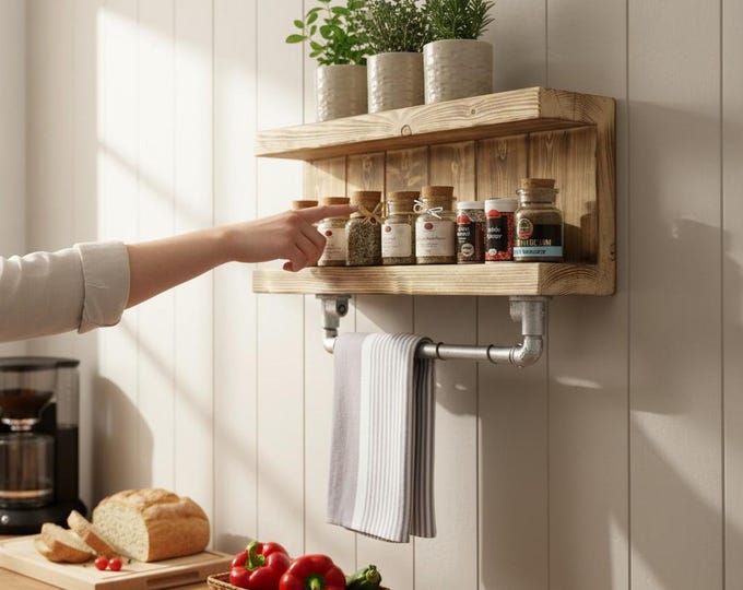 Wooden spice rack for the wall - brown flamed - 2 shelves