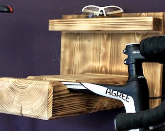 Fahrrad Wandhalterung aus Holz für Rennrad oder Mountainbike - Fahrradhalterung für die Wand - auch für breite Lenker und Rahmen geflammt