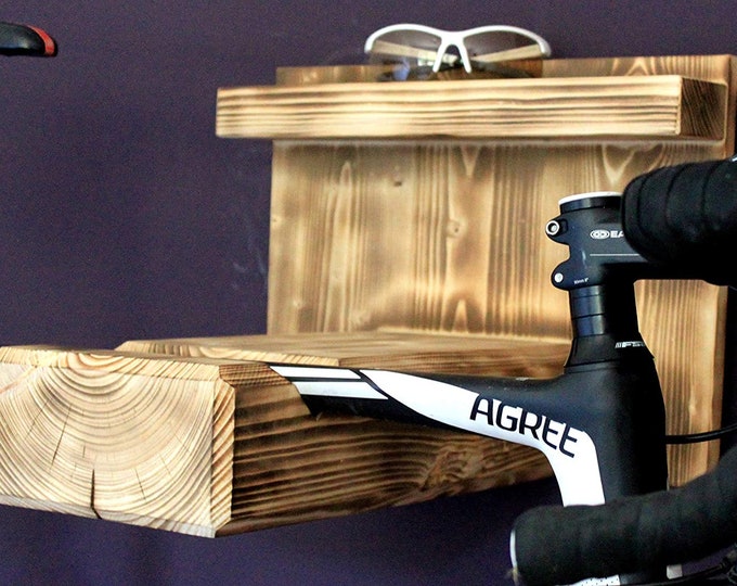 Bicycle wall mount made of wood for racing bike or mountain bike - bicycle mount for the wall - also for wide handlebars and frames flamed