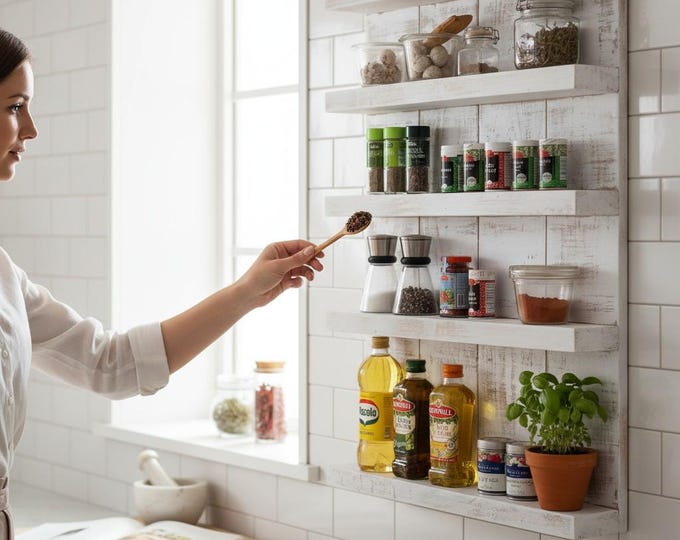Wooden spice rack - for wall or standing - white - 5 shelves - 12 x 24 - 72 x 90 cm - solid wood