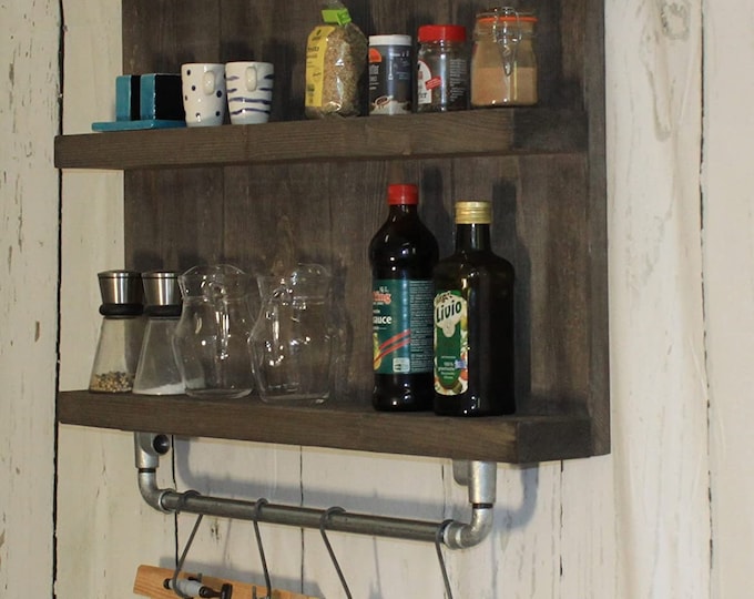 Kitchen shelf made of solid wood - Colour: Brown - Vintage spice rack for the wall including a suspension for pots.